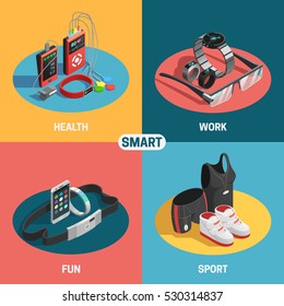 Wearable technology set with digital devices for health work fun and sport vector illustration