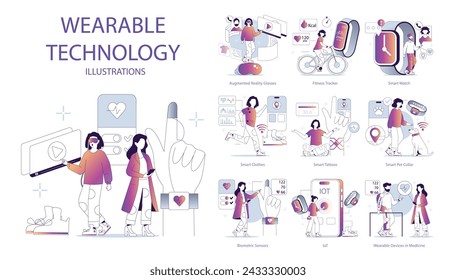 Wearable Technology set. Diverse devices integrating daily life. Health monitoring, fitness tracking, and IoT connectivity. Smart apparel and accessories. Vector illustration.