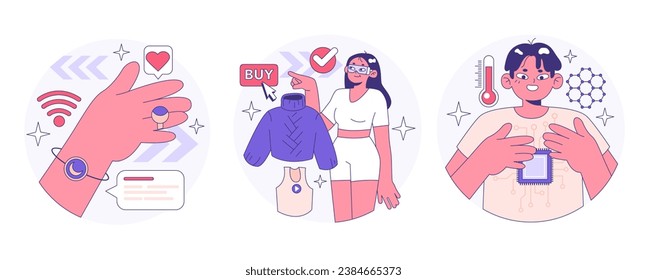 Wearable Technology Set. Intelligentes Gerät. Charaktere, die elektronische Geräte zur Überwachung, Analyse und Übermittlung personenbezogener Daten verwenden. Intelligente Uhren, intelligente Brillen oder Zubehör. Flache Vektorgrafik