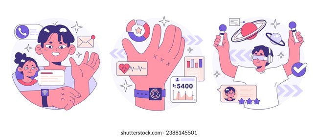 Wearable technology set. Smart device. Character using electronic device to monitor, analyze and transmit personal data. Smartwatches, smartglasses or accessories. Flat vector illustration