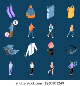 Wearable technology smart clothes isometric icons collection with sixteen isolated images with clothing items and people vector illustration