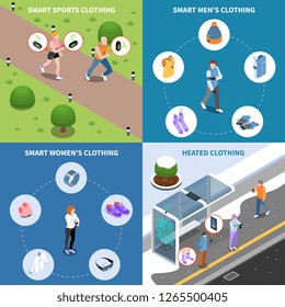 Wearable technology smart clothes isometric 2x2 design concept with human characters text and circle pictogram icons vector illustration