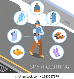 Wearable Technology Smart Clothes Isometric Composition With Human Character And Round Icons With Images Of Clothing Vector Illustration