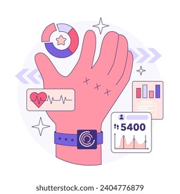 Wearable Technology. Intelligentes Gerät. Charaktere, die elektronische Geräte zur Überwachung, Analyse und Übermittlung personenbezogener Daten verwenden. Intelligente Uhren. Flache Vektorgrafik