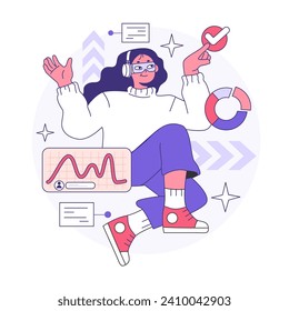 Wearable technology. Smart device. Character using electronic device to monitor, analyze and transmit personal data. Smartglasses. Flat vector illustration