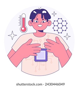 Tecnología usable. Dispositivo inteligente. Personaje que utiliza un dispositivo electrónico para monitorear, analizar y transmitir datos personales. Relojes inteligentes, gafas inteligentes o accesorios. Ilustración vectorial plana