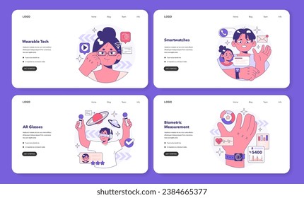Banner web de tecnología usable o página de inicio. Caracteres que utilizan dispositivos electrónicos inteligentes para monitorear, analizar y transmitir datos personales. Chatazos inteligentes o gafas inteligentes. Ilustración vectorial plana