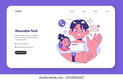 Wearable technology web banner or landing page. Smart device. Character using electronic device to monitor, analyze and transmit personal data. Smartwatches. Flat vector illustration