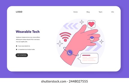 Wearable technology web banner or landing page. Smart device. Character using electronic device to monitor, analyze and transmit personal data. Smartwatches. Flat vector illustration
