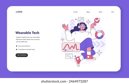 Anuncio de Web de tecnología usable o página de aterrizaje. Dispositivo inteligente. Personaje que utiliza un dispositivo electrónico para monitorear, analizar y transmitir datos personales. Gafas inteligentes. Ilustración vectorial plana