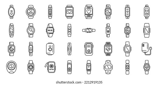 Wearable Tracker Icons Set Outline Vector. Fitness Bracelet. Wristband Digital