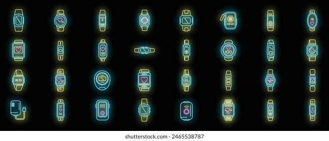 Wearable tracker icons set outline vector. Fitness bracelet. Wristband digital neon color on black