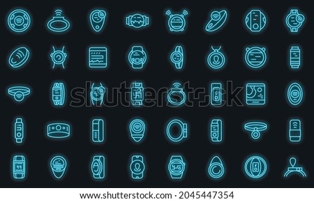 Wearable tracker icons set. Outline set of wearable tracker vector icons neon color on black