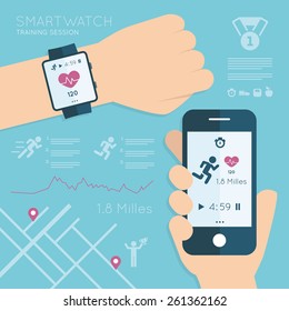 Wearable. Vector Running App On The Screen Of Mobile Phone And Smartwatch. Modern Technology Equipment For Monitoring The Health - Illustration In Flat Style