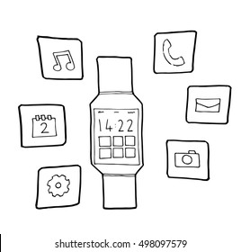 Wearable wrist smart watch and apps icons. Flat outline design concept- black and white outline vector illustration line art hand sketch drawing