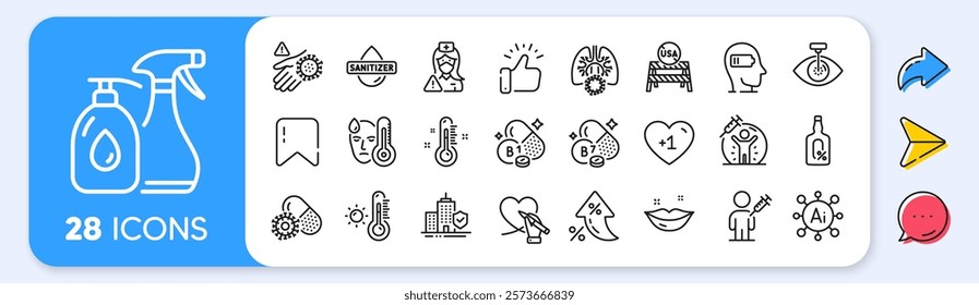 Weariness, Alcohol free and Vaccine protection line icons. Interest rate, AI generate, Inflation icons. Pack of Coronavirus pills, Fever, People vaccination icon. Vector