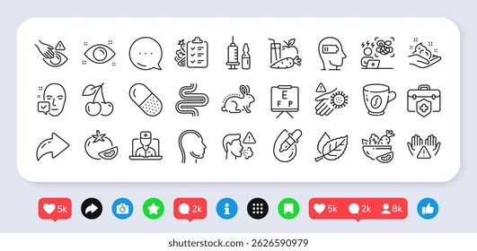 Weariness, Coffee and Health eye line icons pack. Social media: share, comment, like icons. Leaf, Face accepted, Medical insurance web icon. Head, Skin care, Medical vaccination pictogram. Vector