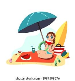 A wearing bikini woman on vacation eating watermelon at the beach in summer alone flat vector illustration Happy summertime. Picnic on the beach alone.