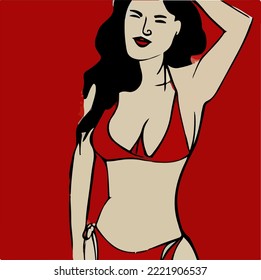 Wearing A Bra. Woman in Bikini Illustration Vector Cartoon Drawing