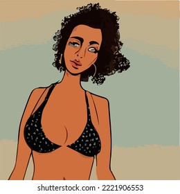 Wearing A Bra. Woman in Bikini Illustration Vector Cartoon Drawing