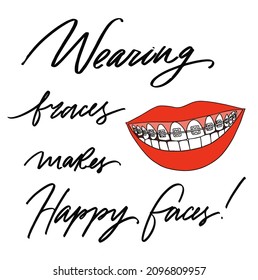 Wearing bracer make happy faces.   Dental invisalign braces vs metal white tooth orthodontic correction treatment concept. Vector