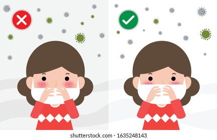 wearing the correct and wrong dust mask vector health care concept,
How to wear surgical mask to protect fine dust PM 2.5 and China corona virus. Medical information banner flat style design