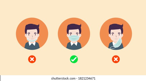 Usar la máscara quirúrgica correcta y equivocada. Protección contra virus, COVID-19, contaminación del aire urbano, smog, polvo, vapor, emisión de gases contaminantes - ilustración vectorial