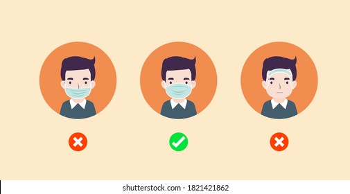 Wearing the correct and wrong surgical mask. Protection from virus, COVID-19, urban air pollution, smog, dust, vapor, pollutant gas emission - vector illustration