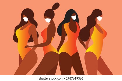 Wearing face mask concept, group of women models wearing face mask to protect from covid-19 coronavirus, pm 2.5, air pollution, environment  vector illustration. Face mask campaign concept background 