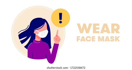 Tragen von Gesichtsmaske Vektorgrafik in flachem Design. Frauen in medizinischen Schutzmasken. Schutz gegen Viren (Coronavirus), Bakterien, Luftverschmutzung in den Städten, Smog, Schadstoffemissionen.