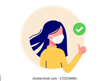 Wearing face mask vector illustration in flat design. Woman in protective medical masks. Protection from virus (coronavirus), bacterium, urban air pollution, smog, pollutant gas emission.