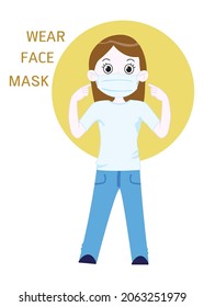 Wearing face mask vector illustration in flat design. Women in protective medical masks. Protection from the virus, bacterium, urban air pollution, smog, pollutant gas emission.