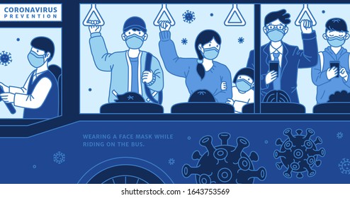 Wearing Face Mask When Riding On The Bus, Fight For Coronavirus In Line Style, COVID-19 Illustration