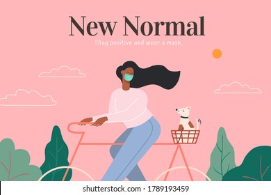 Wearing Face Masks Becoming The New Normal, Concept Of Healthy Life And Post Covid Era, Illustration In Flat Design