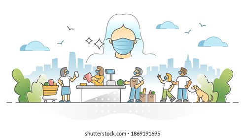 Wearing facial masks as respirator to protect health from pandemic outline concept. Covid-19 contagion with inhaling virus prevention and safety while shopping among people crowd vector illustration.