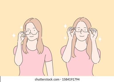 Wearing glasses, choosing rim, testing spectacles concept. Smiling girl trying eyeglasses on. Young woman wearing stylish eyesight accessory. Beautiful lady winking. Simple flat vector