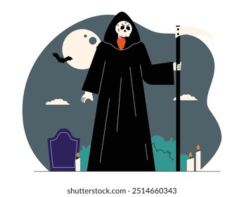 Usando un traje de segador sombrío con cara de calavera y palo espeluznante, en un cementerio, velas, Ilustración vectorial espeluznante.