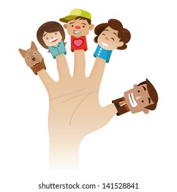 Wearing a hand with fingers on puppets, Family characters, illustrator vector