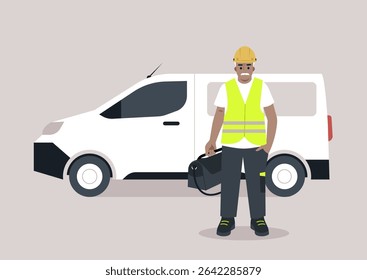 Wearing a hard hat and reflective vest, the senior engineer prepares for a busy day, standing next to his work van with tools in hand, embodying expertise and dedication