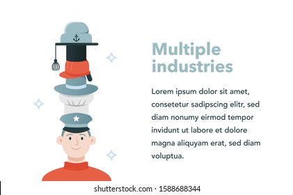 Wearing Many Hats, Jack Of All Trades - Concept Of Fulfilling Multiple Different Roles, Jobs, Catering To Various Industries Or A Multitalented Person - Slide Or Landing Page Illustration Or Layout 