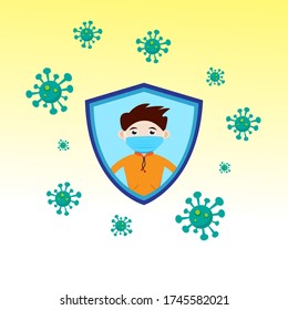 Wearing a mask can protect you from spreading the corona virus. Boy wearing a mask inside blue shield frame protected from Covid-19. Flat character vector illutration