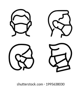 wearing a mask correctly against to new covid-19 coronavirus vector icon symbol in linear black colored style.