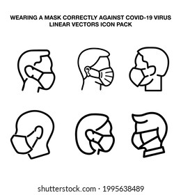 wearing a mask correctly against to new covid-19 coronavirus vector icon symbol in linear black colored style.
