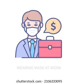 Wearing mask at work - modern colored line design style icon