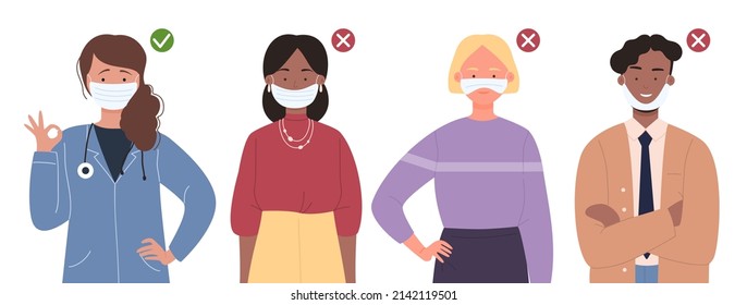 Wearing mask wrong and right. Prevention virus spreading measures cartoon vector illustration