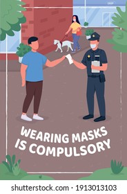 Wearing masks is compulsory poster flat vector template. Protecting your body from viruses. Brochure, booklet one page concept design with cartoon characters. Pandemic recomendations flyer, leaflet