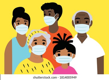 Wearing masks, Protect family from the coronavirus, Cartoon illustrations.
