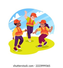 Wearing matching colors isolated cartoon vector illustration. Group of children wearing bright jackets, dressed in the same caps, field trip security measure, kids walk outdoors vector cartoon.