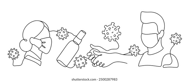 Usar mascarilla médica, lavarse las manos y desinfectante como protección contra el coronavirus. Medidas para prevenir la infección por Covid. Vector aislado sobre fondo blanco.