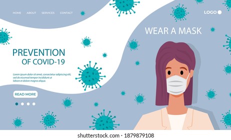 Wearing a medical mask.Safety measures during the coronavirus and flu pandemics.The concept of protection in covid19. Flat vector illustration.The template of the landing page.